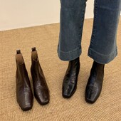巨舒服 ins 韩国订单 简约方头粗跟松紧短靴马丁靴百搭切尔西靴