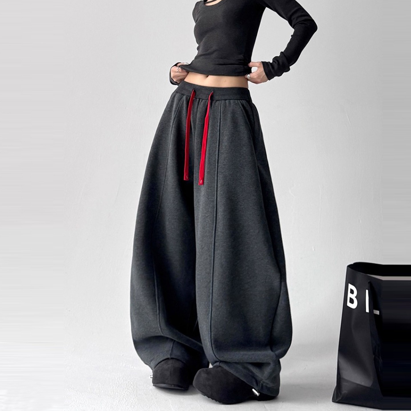 ader深灰色弯刀裤卫裤女冬季美式高腰垂感显瘦加绒加厚运动阔腿裤