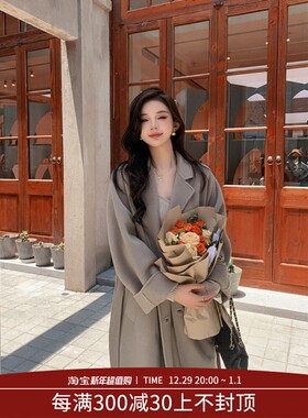 灰色大衣女双面羊毛绒高级感慵懒赫本风秋冬季新款中长款毛呢外套