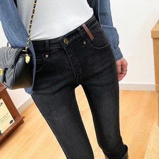 子 女秋冬加厚铅笔靴裤 Rouje Dsyle高腰显瘦黑色植薄绒小脚牛仔裤