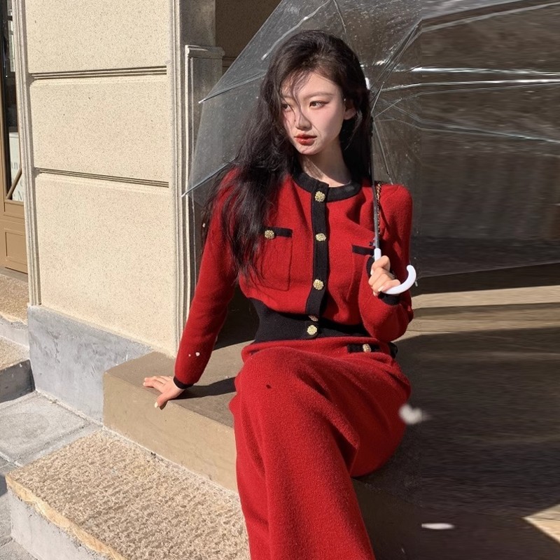 XZOXZO小香风红色针织休闲套装女秋冬季穿搭一整套气质显瘦两件套