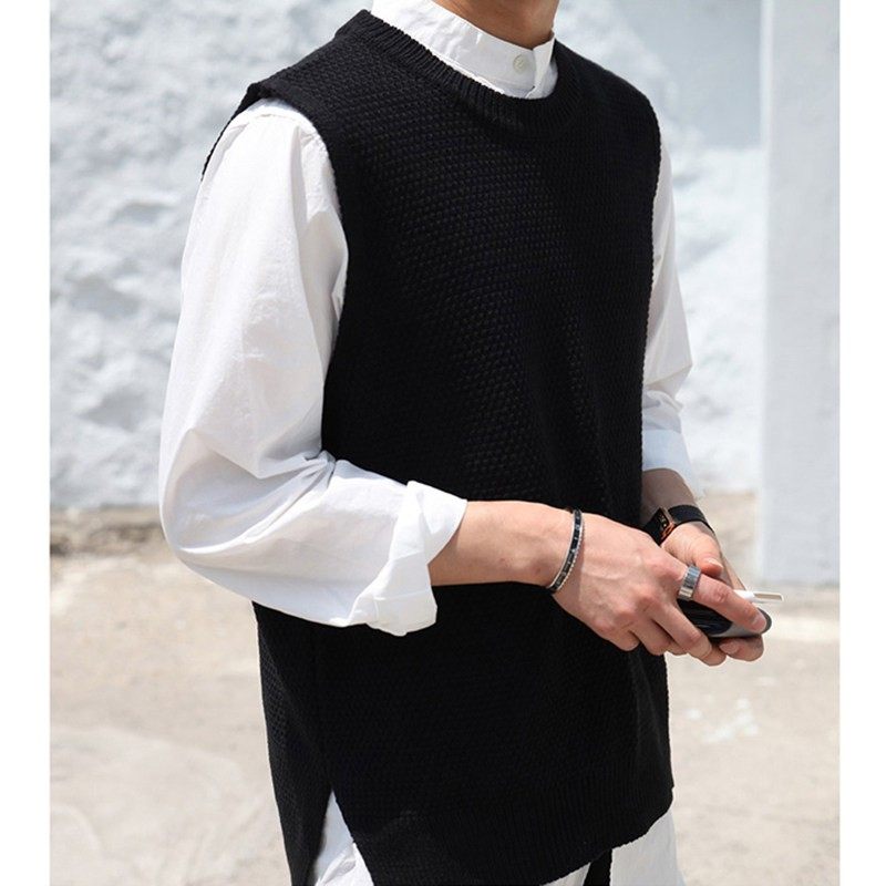 2024春秋季潮牌无袖马甲男宽松毛织背心纯色圆领开叉毛衣针织外套