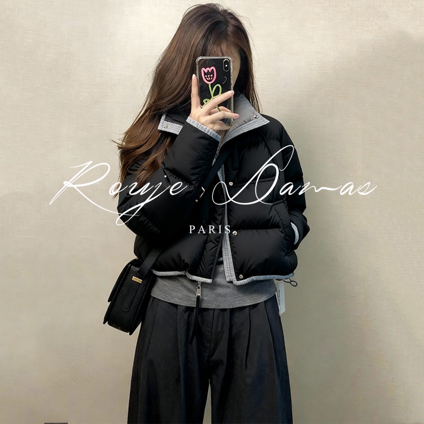 Rouje Damas法式撞色翻领短款羽绒服女小个子冬季保暖面包服外套