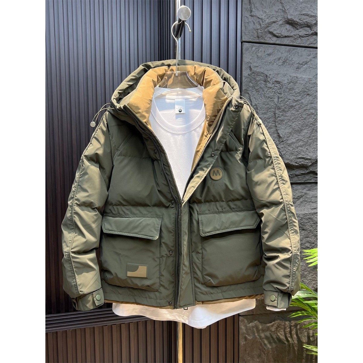 MUSONMU冬季男士PU皮羽绒服连帽加厚白鸭绒外套潮流保暖上衣夹克