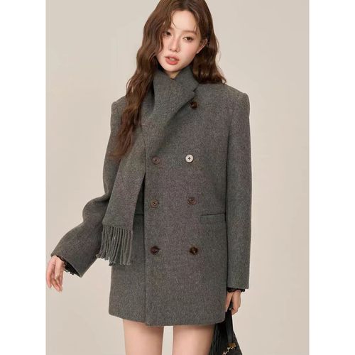 2025秋冬韩版气质设计感围巾领双排扣中长款双面羊毛呢外套大衣女