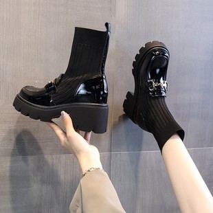 内增高马丁袜靴漆皮弹力飞织靴小个子女春秋短靴韩版厚底马丁靴