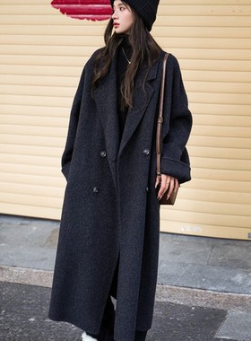 2025年冬季新款灰色中长款双面羊绒大衣女宽松韩版廓形羊毛呢外套