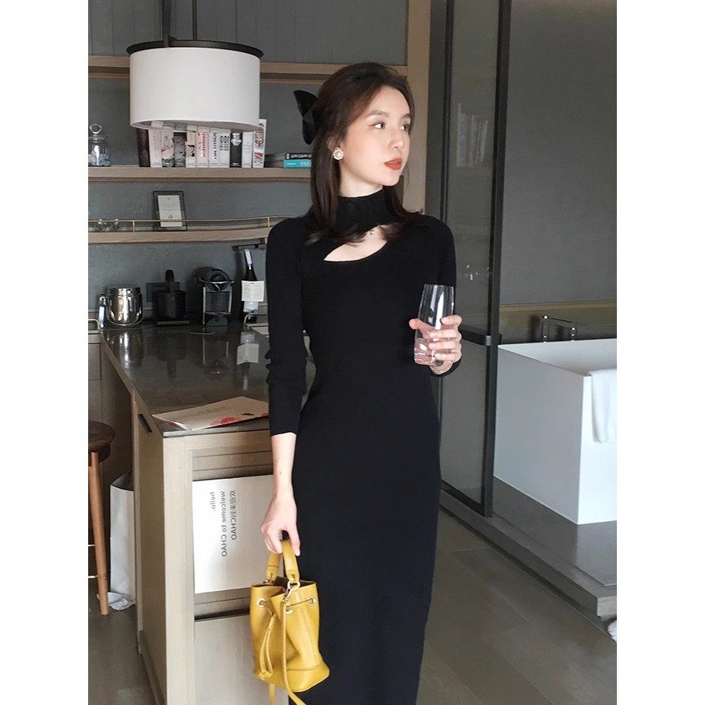 XZOXZO设计感小众赫本风配大衣内搭修身针织洋装女秋冬季小黑裙