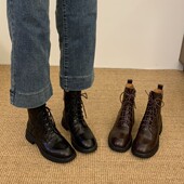 巨巨舒服 ins 软软软 韩国简约羊皮圆头系带平跟马丁靴百搭短靴