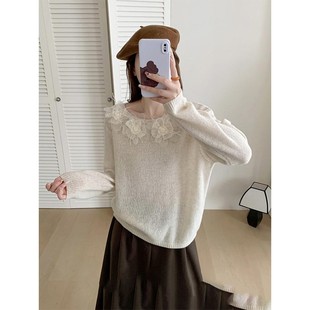 百搭针织羊毛衫 韩版 秋冬时尚 饰圆领套头毛衣女长袖 超仙精美花朵装