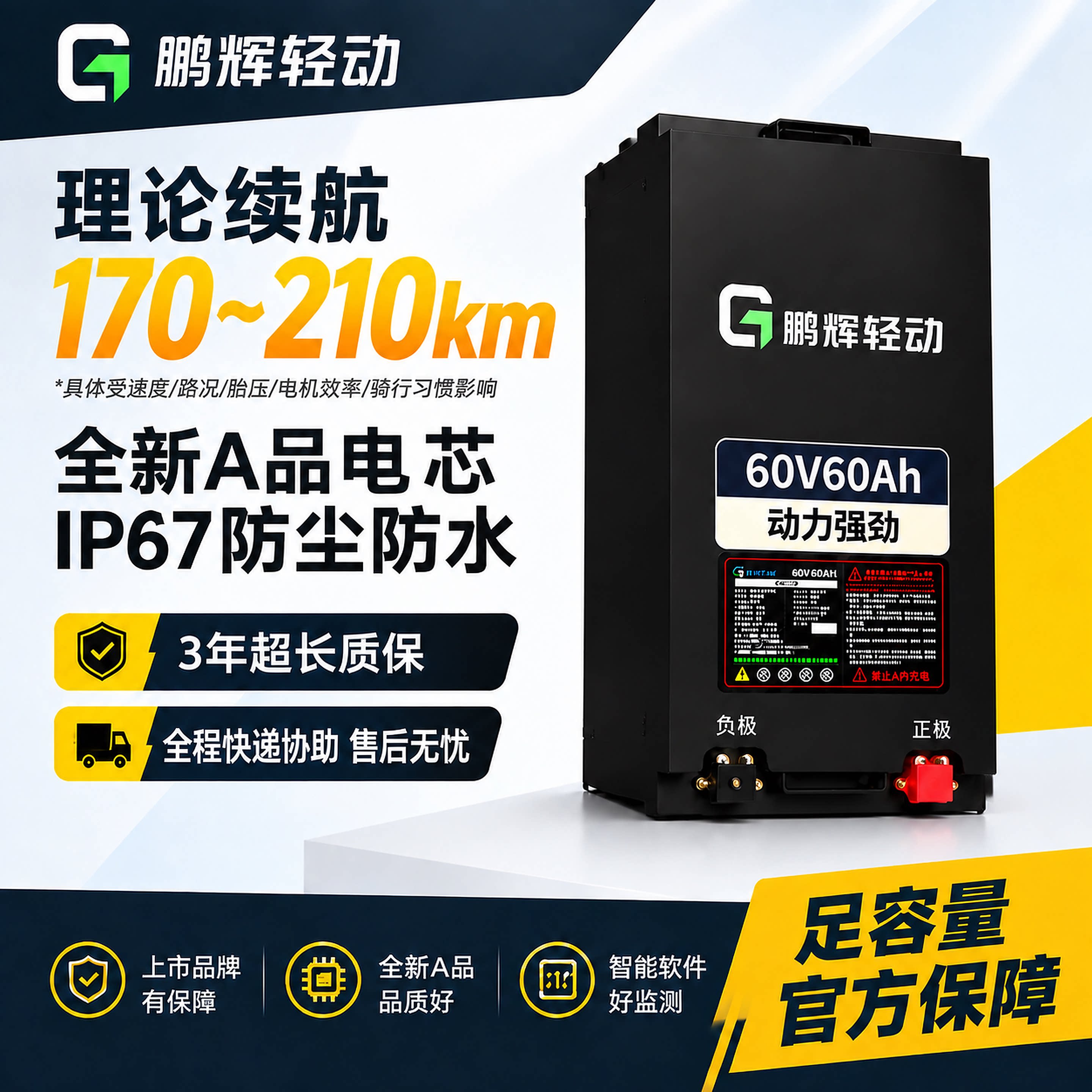鹏辉轻动60V60Ah电摩锂电池IP67图片