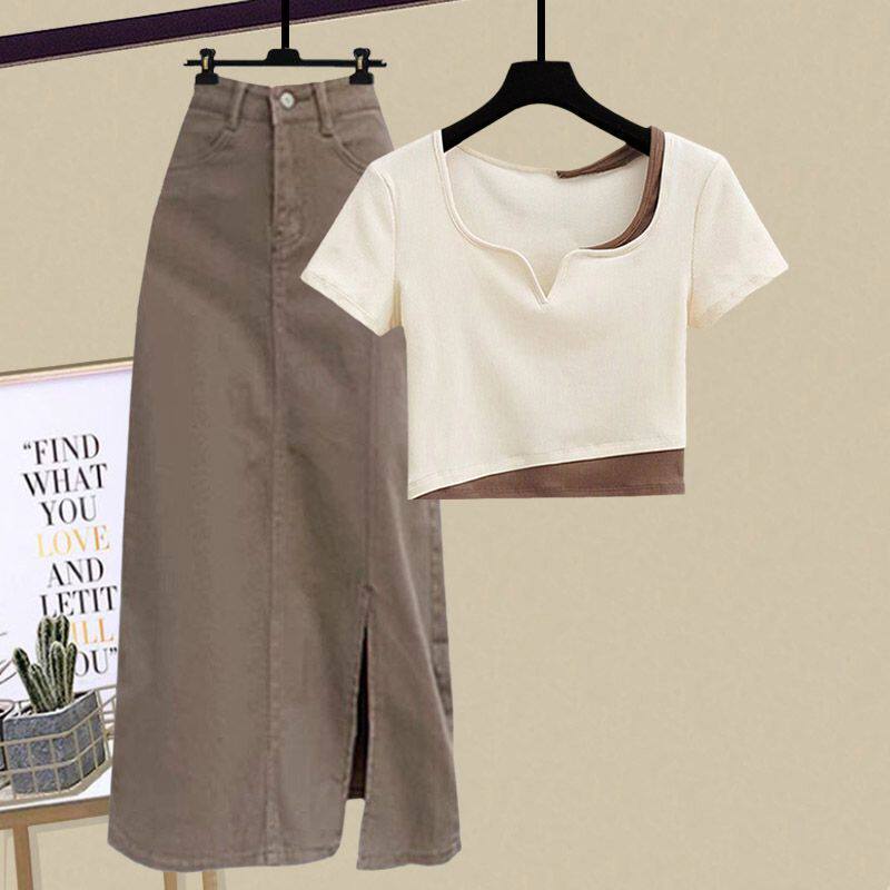 夏季套装2024新款大码女装短袖上衣拼接T恤显瘦牛仔半身裙两件套