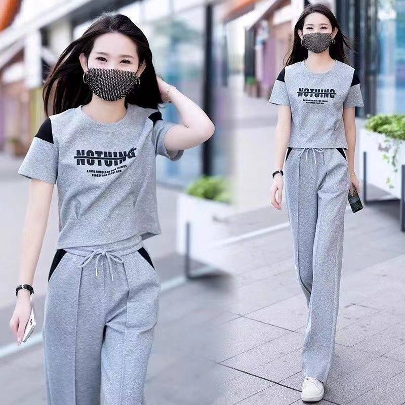 运动套装夏季薄款洋气女2025新款拼接短袖长裤休闲减龄洋气两件套