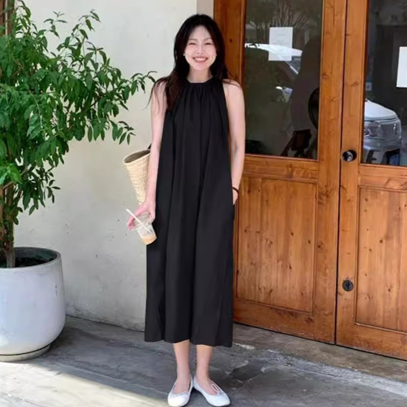 新品女装韩版棉麻连衣裙x挂脖吊带长裙宽松无袖背心裙