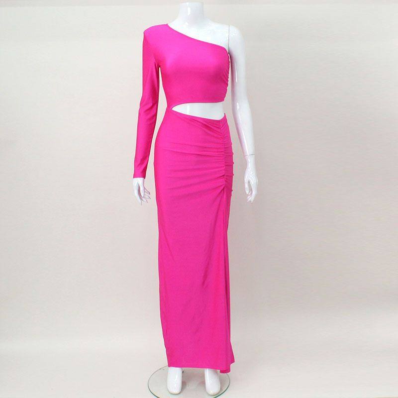 欧美外贸女装抹胸单肩长袖镂空高腰开叉纯色性感包臀连衣裙礼服裙