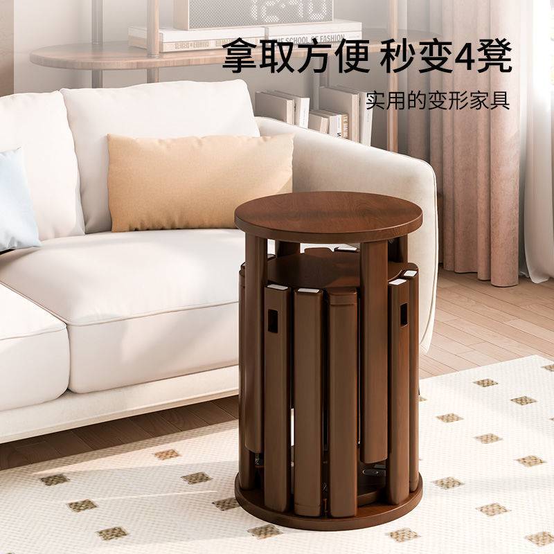 实木带轮叠叠乐圆凳子家用可叠放边几矮凳子吃饭凳子新中式餐桌凳