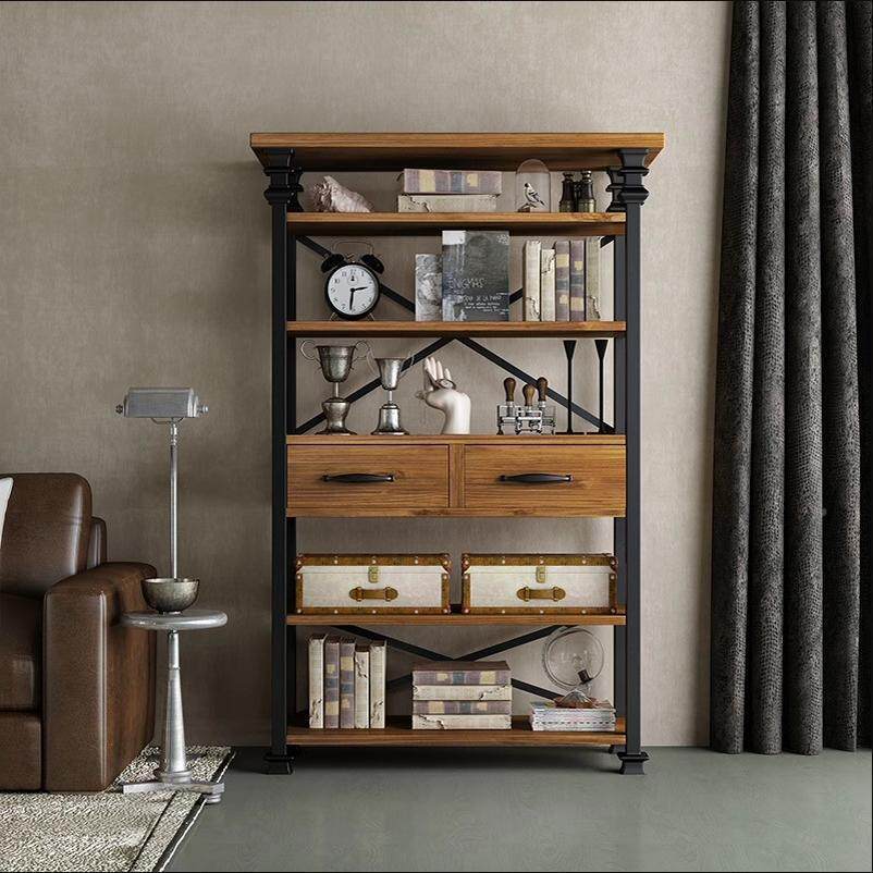 复古铁艺实置物书架客厅带抽屉板隔YUL书架工业风多层隔木板落地