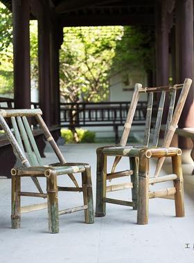 靠LAA竹椅子背老式手工家用藤椅老人儿单人休闲户外餐椅竹桌童茶