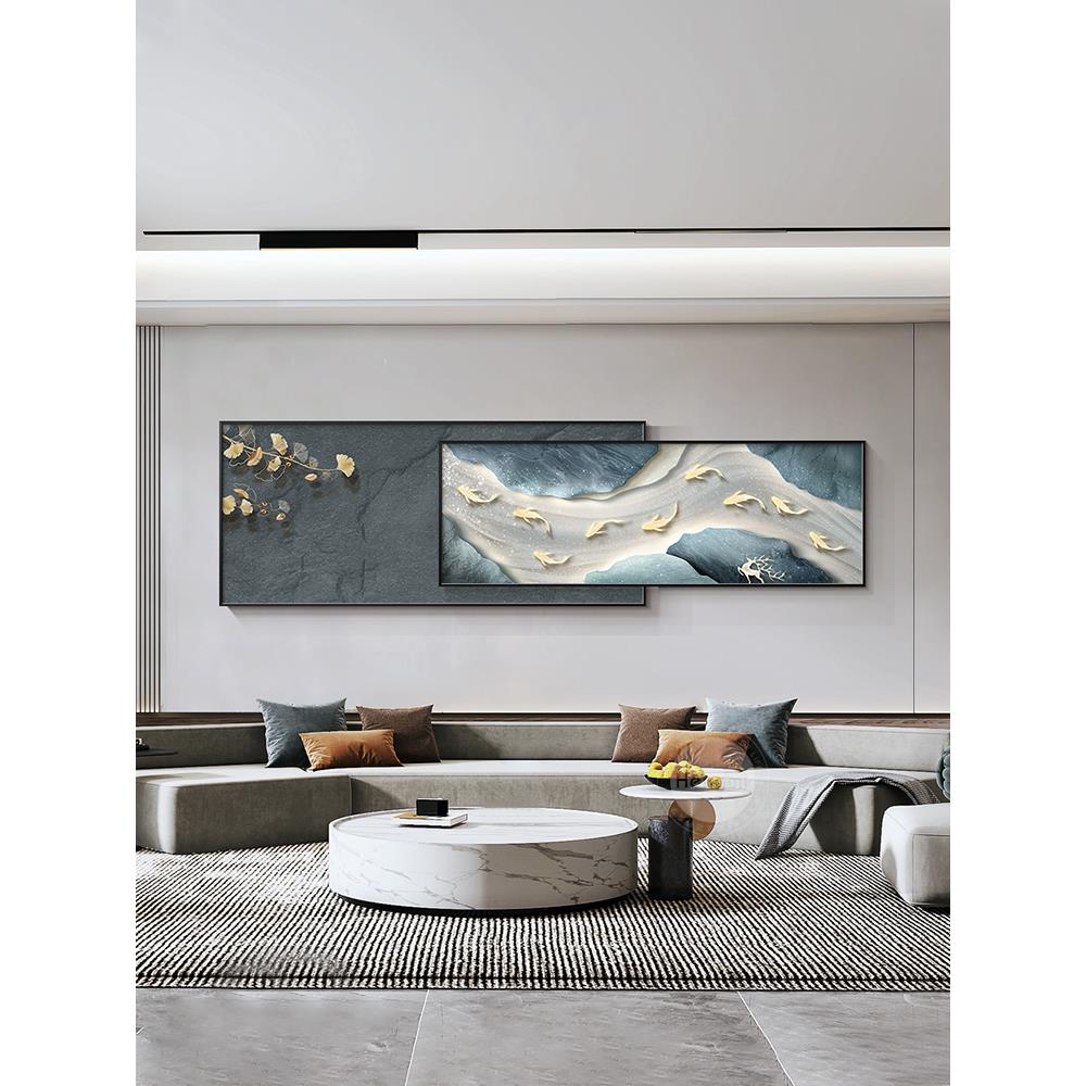 代轻奢石客厅装饰档画九景现鱼图壁画运转高来叠加沙画发背墙挂画图片