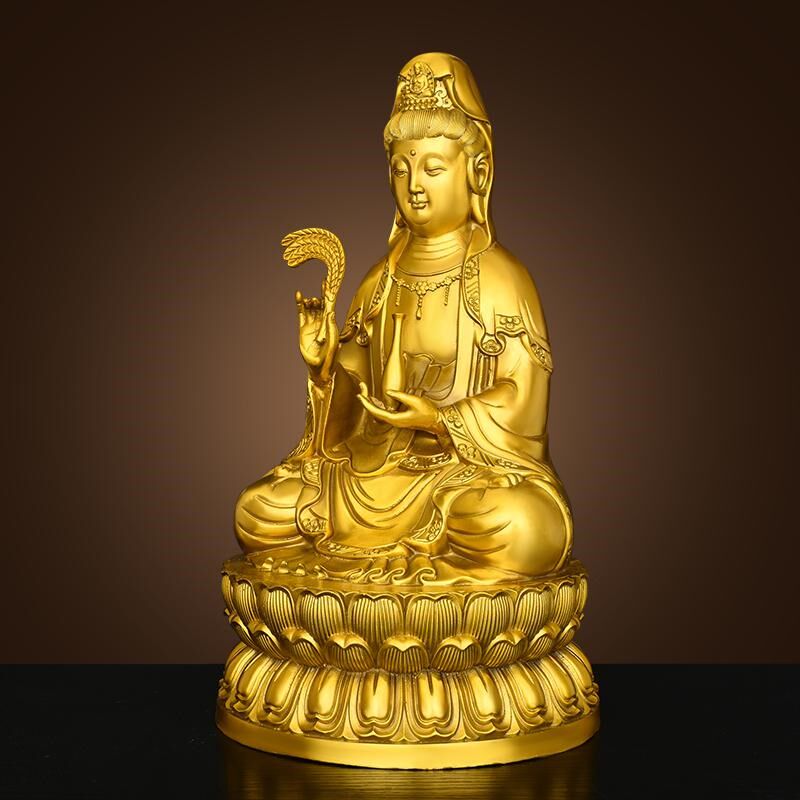 纯黄铜观音菩萨摆件家用佛堂供z奉柳枝观音坐莲花净瓶观世音菩萨