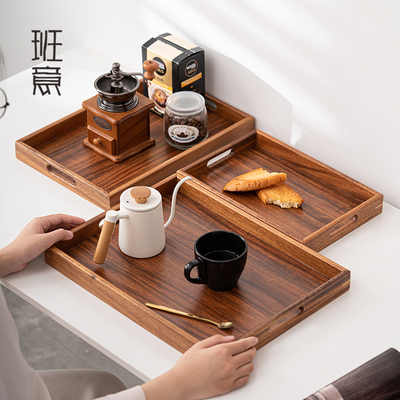 黑胡桃实木托盘茶杯水杯收纳盘日A式长方形托盘咖啡杯木质托盘家