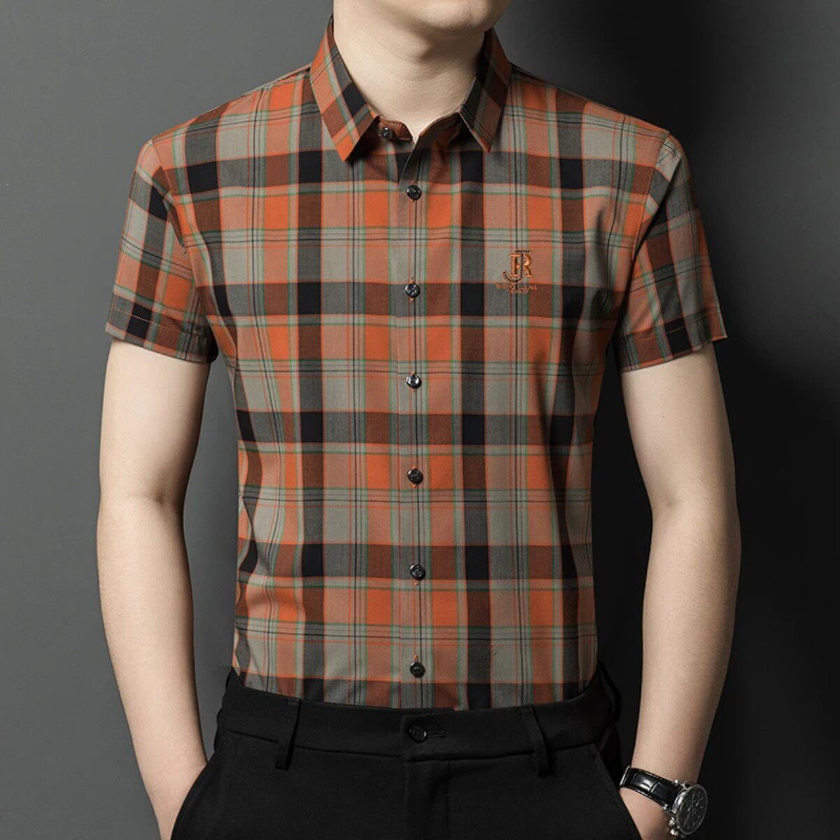 蓝涛服饰大方格衬衫短袖透气薄款时尚休闲修身高档翻领衬衣上装