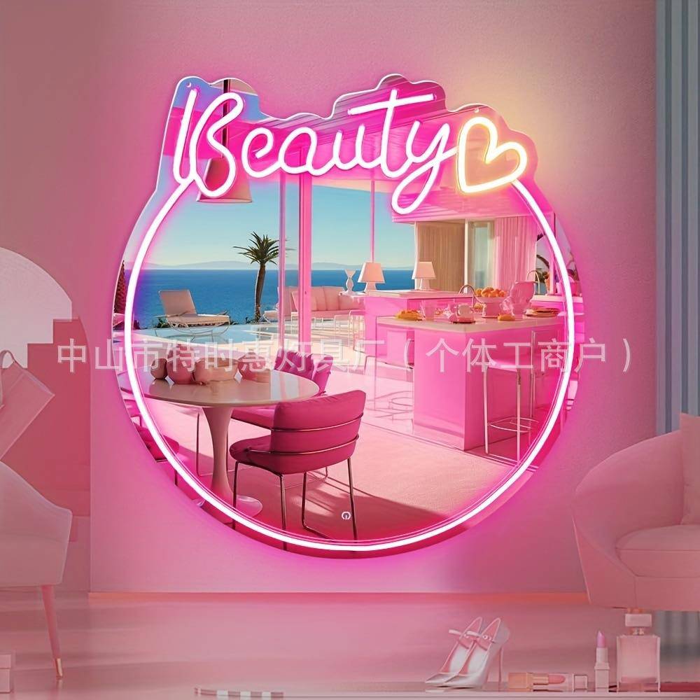 跨境亚马逊热销卡通镜面霓虹灯化妆镜装饰KT猫咪少女礼物爱心镜面