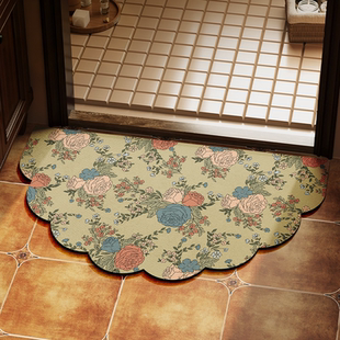 美式蓝绿色玫瑰花浴室地垫硅藻泥吸水速干脚垫防滑防摔半圆形地毯