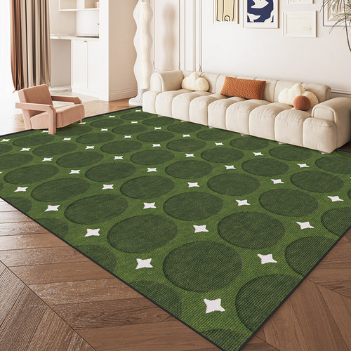 复古棋盘格绿色客厅地毯中古风高级轻奢卧室床边毯法式奶油厚地垫