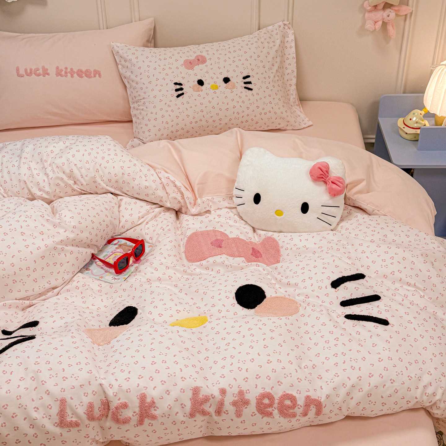 kitty猫卡通纯棉四件套粉色可爱