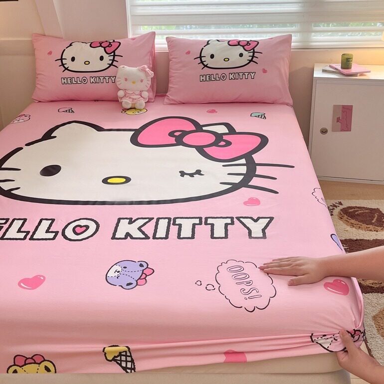 哈喽kt卡通全棉床笠隔脏防尘kitty猫床上用品保护套棕垫罩床包款