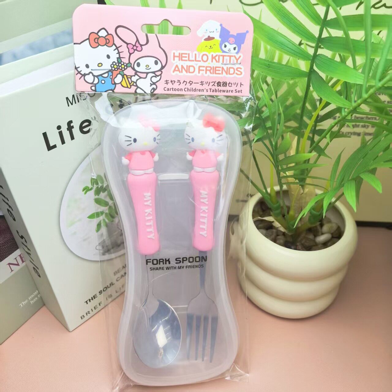 kt卡通吃饭可爱勺子叉子2件套儿童凯蒂猫餐具不锈钢叉勺套装女孩