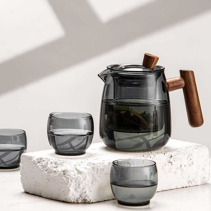 玻璃茶壶木把泡茶茶杯q透黑三件杯茶水分离器煮茶壶家用办公烟榭