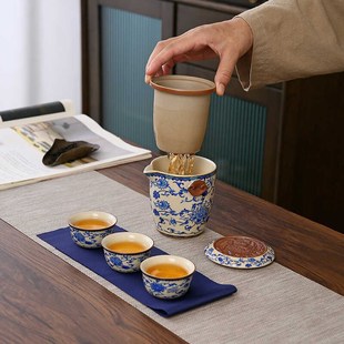 旅行茶具户外旅游露营一J壶三杯快客杯随身收纳套 汝窑青花便携式