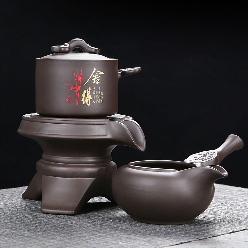 新款紫砂懒人功夫j茶具套装旋转出水防烫泡茶神器石磨自动茶壶茶