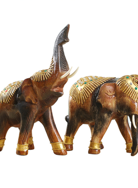 泰国实木雕刻小象客厅办公室桌面摆件家居饰M品创意工艺品木雕大