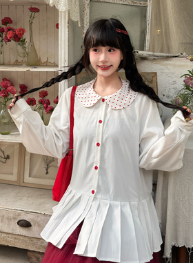 三与十三|波点莓莓|春季日系甜美风百搭显瘦上衣中长款长袖衬衫女