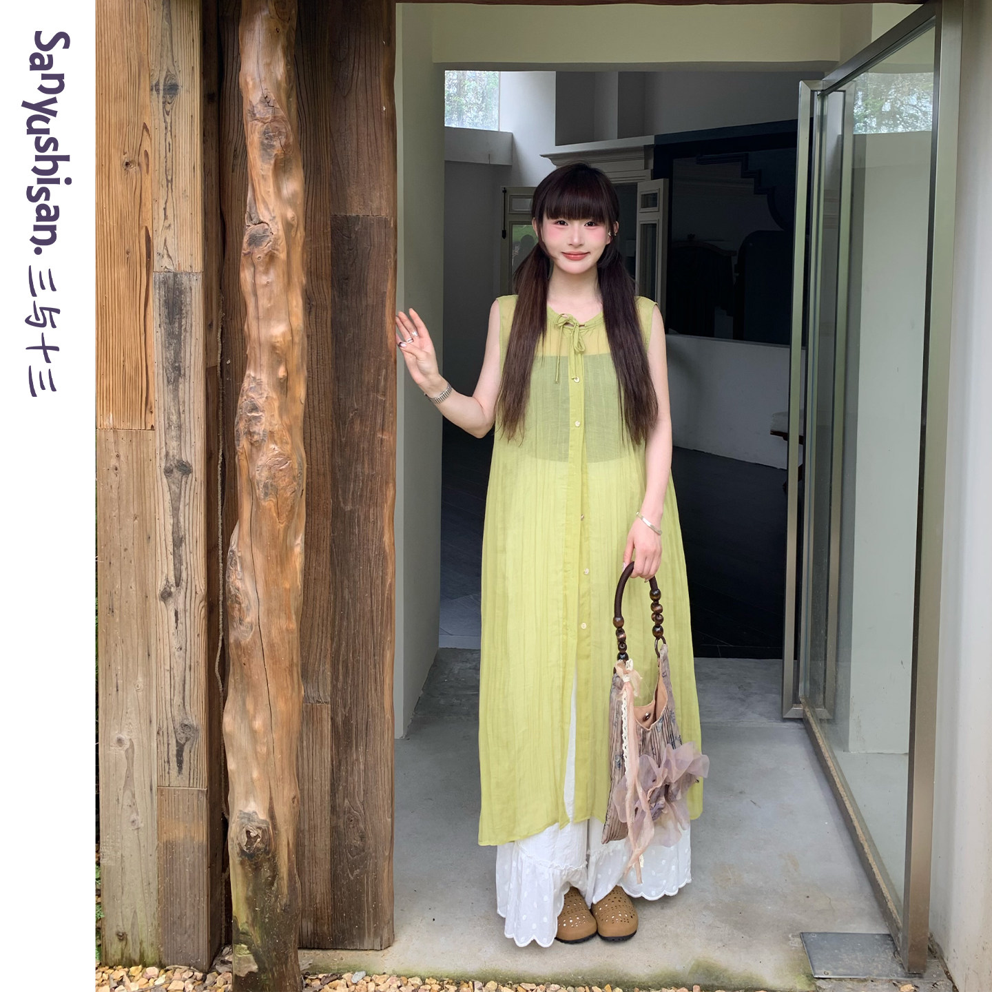 三与十三|夏日海盐|夏季森系休闲罩衫女叠穿显瘦纽扣开衫连衣裙女