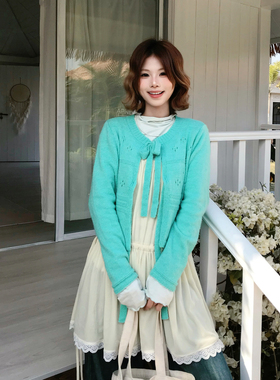 三与十三|加州蓝天|春季温柔甜美风纯色上衣女百搭显瘦针织开衫女