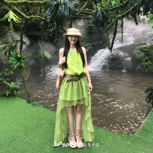 三与十三|林间赴野|夏季挂脖修身连衣裙短裤腰带三件套时尚套装女