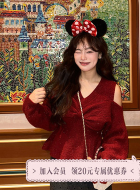 三与十三|浪漫米妮|秋冬季慵懒风V领收腰立体蝴蝶结红色针织衫女