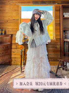 三与十三|蓝湖精灵|法式蕾丝设计感针织上衣女大蝴蝶结宽松毛衣女