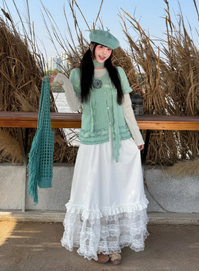 三与十三|蕾丝旧梦|春季时尚百搭白色半身裙女蕾丝拼接木耳边裙子