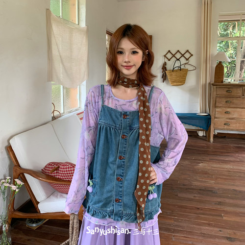 三与十三纽扣设计感牛仔背心女