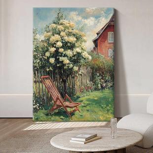复古欧式风景手绘油画院子绿色花卉植物装饰画客厅挂画玄关肌理画