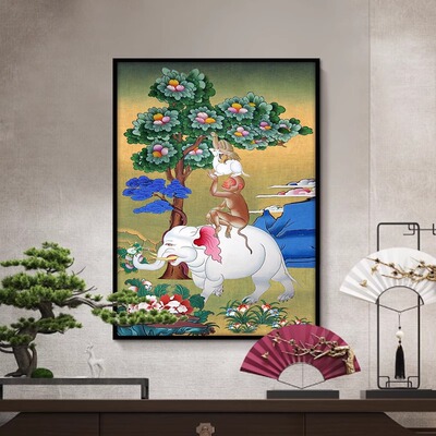 现货速发藏式和睦四瑞图民族风神话轻奢小众客厅装饰画唐卡藏画复