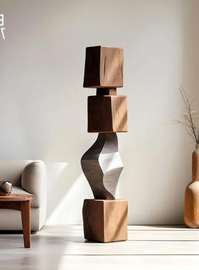 酒店民宿木雕装饰品落地摆件高级感样板房客厅抽象竖高雕塑艺术品