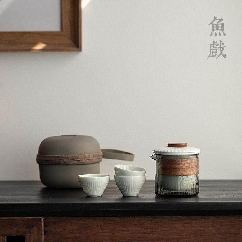 鱼戏耐热玻璃旅行茶具套装陶瓷便携式快客杯一壶三杯防烫泡茶杯,餐饮具,旅行茶具,淘宝优惠券,粉丝福利购,淘宝优惠卷