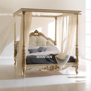 晚檀法式覆古雕花实木双人床欧式四柱子帷幔公主床卧室1.8m婚床