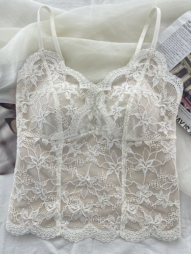 古妃秋冬法式蕾丝花边带胸垫一体杯吊带背心女修身内搭外穿美背